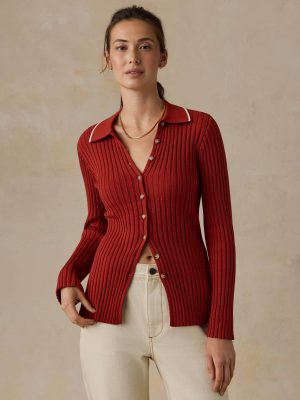 Sunwashed Cotton Ribbed Cardigan - Red Ochre